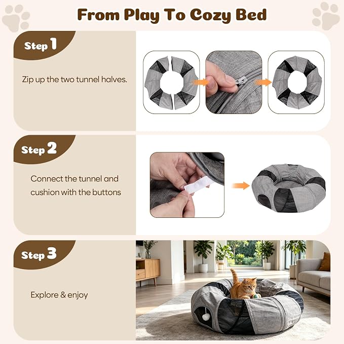 Ownpets Collapsible Cat Tunnel Toy - 2-in-1 Interactive Play Tunnel for Cat up to 18 lbs, Tear-Resistant Mesh, Fold to 2 Inches Thick, Portable Cat Exercise & Entertainment Tunnel, 10" Diameter, Grey - Image 7