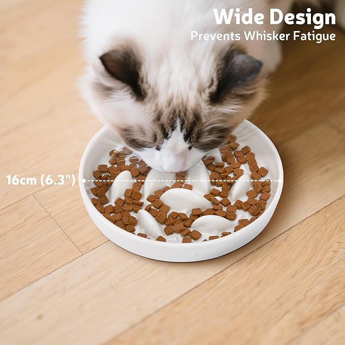 Ceramic Slow Feeder Cat Bowl 6.3" Wide (White) | Anti-Gulping & Keep Fit, Dishwasher Safe, For Dry and Wet Food, For Cats and Small Dogs, Shallow Bottom Puzzle Feeder - Image 5