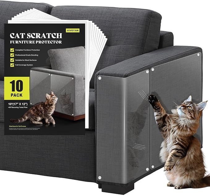 Anti Cat Scratch Furniture Protector, 10-Pack Couch Protector from Cat Claws for Sofa Corners, Walls & Doors – Heavy-Duty, Easy-to-Apply Shields with 50 Twist Pins(Clear by VIVOYAN
