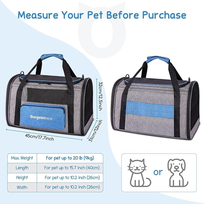 Cat Carrier for Cats up to 20 Lbs, Soft-Sided Escape Proof | Top Load Pet Crate for Medium to Big Kitten Small Puppy Transport with Unique Side Bag, Home Outdoor Car Travel, Medium Blue - Image 2