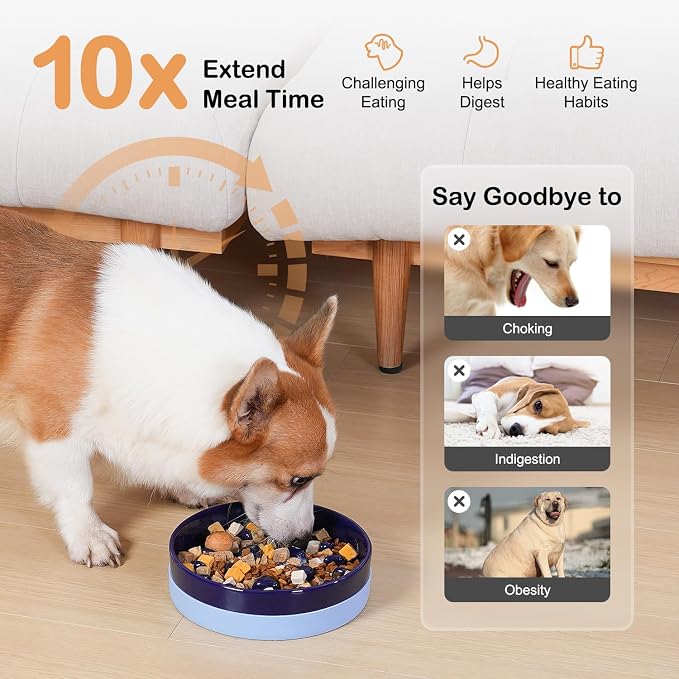 Sted Ceramic Slow Feeder Dog Bowls with Silicone Base | Slow Feeding Dog Bowl Small Medium Breed, Dogs Food Bowls for Fast Eaters, Puzzle Dogs Food Bowl, Maze Blue - Image 3