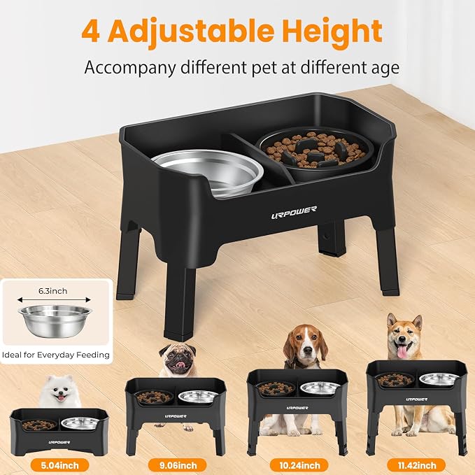 URPOWER Elevated Dog Bowls for Small Dogs, 3-in-1 Raised Stand | 4 Adjustable Heights, 1 Slow Feeder, 2 Stainless Steel Food Bowls, Mess Proof High Wall Splash Guard, Foldable Stand - Image 3