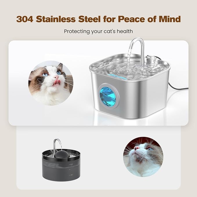 Cat Water Fountain Stainless Steel: Pet Fountains with 10 Filters + 10 Sponges 2.2L Cats Automatic Waterer Bowls for Drinking Small Dog Water Dispenser Indoor HOOISE Metal Kitty Watering Silent - Image 2