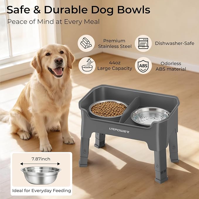 URPOWER Mess Proof Elevated Dog Bowls, Splash Guard Raised Bowl Stand | 4 Adjustable Heights, 2 Stainless Steel Bowls, Food & Water Separation, Foldable Design Non-Slip for Small Medium Large Dogs - Image 5