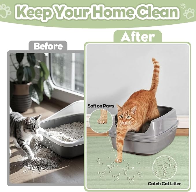 Kalolary Cat Litter Mats,40"x28"Extra Large Silicone Cat Mat for Litter Box | Easy to Clean Kitty Litter Trapping Mat, Soft on Kitty Paws, Waterproof, Urine-Proof Kittys Litter Mats for Floor,Green - Image 2