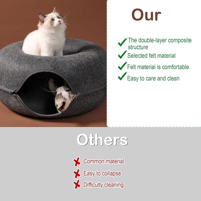 Felt Cat Cave Bed with Removable Cover, Cozy Pet Shelter for Indoor Cats, Zippered Washable Cat House with Roomy Interior (Dark Gray, for Cats Under 15 lbs, Donut Tunnel Style) - Image 4