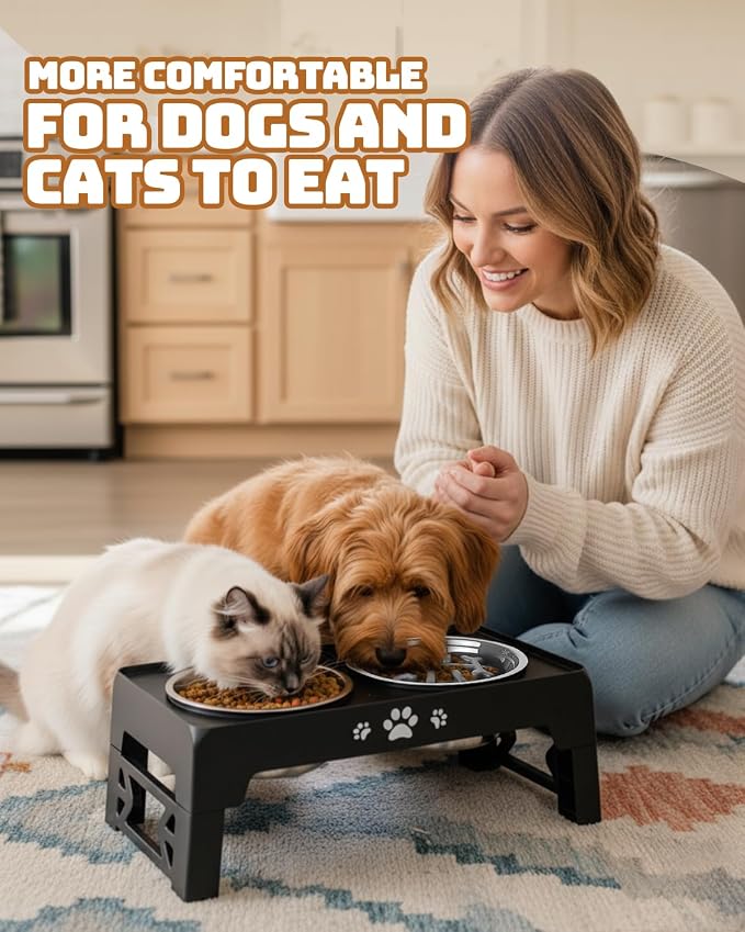 Jovrun Elevated Dog Bowls for Small Dogs and Cats, Non-Slip Cat Bowls with 1*Stainless Steel Dishes & 1*Slow Feeder Bowl, Dog Feeder 2 Heights Adjustable to 2.6"-5.3" - Image 6
