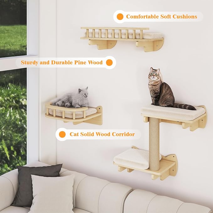BYBYME 8 Pcs Cat Wall Climbing Set, Wood Cat Furniture with Scratching Posts, Kitten Perch, 100CM Sisal Rope & Cat Bed, Wall Mounted Cat Shelves for Sleeping, Playing & Relaxing（Natural Wood） - Image 6