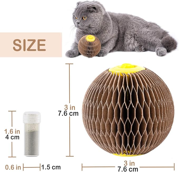 Cat Toys for Indoor Cats, Catnip Toys with Refillable Catnip, 3 Inch Scratcher Ball, Interactive Rolling Scratch Toy for Bored Indoor Adult Felines, Small Corrugated Paper Ball - Image 6