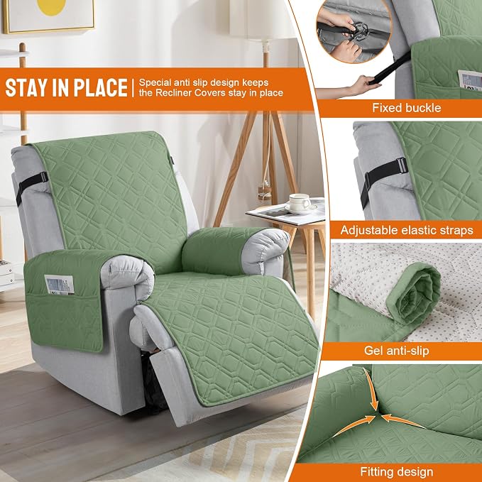 VANSOFY 100% Waterproof Recliner Chair Covers Washable, Bean Green, 30" | Non-Slip, Slipcover with Pocket, Furniture Protector, Elastic Straps, Chair Cover for Pets, Dogs - Image 3