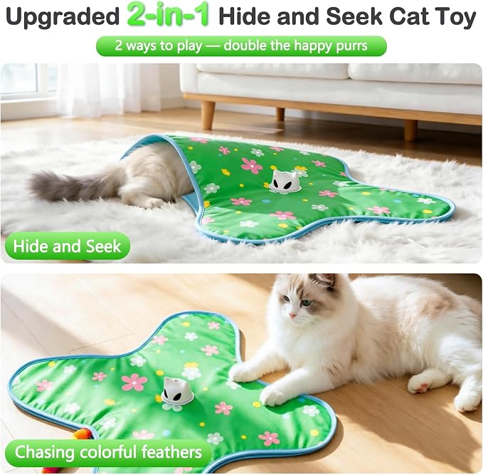 Interactive Cat Toys for Indoor Cats, Rechargeable Hide & Seek Toy | Touch Activated, 3 Speed Modes, 10-Min Auto off, Bird Chirps(can turn off), Hidden Feather Wand for Bored Adult Cats, Green - Image 2