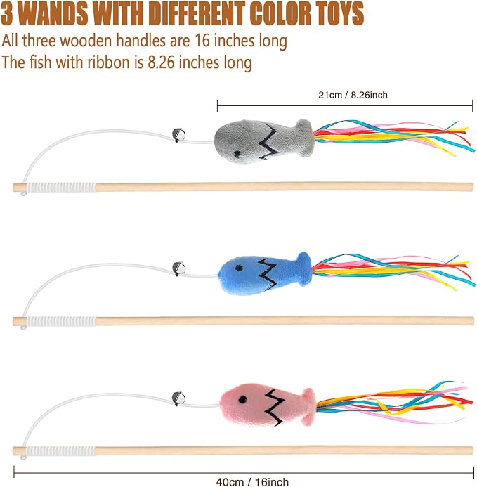 Natural Wood Cat Wand Toy with Ribbon Fish Teaser - 3pcs, 16 Inch, Indoor Cat Exerciser & Playing Kitten Toy, Bonus 5pcs Catnip Sticks for Teeth Cleaning - Image 2