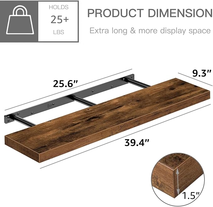 QEEIG Floating Shelves for Wall 39.4" Long - Wall Mounted Shelf Bathroom Kitchen Living Room Bedroom Farmhouse Home Decor Display Bookshelf Large 39.4 x 9.3 inch Set of 2, Rustic Brown (008-100BN) - Image 3