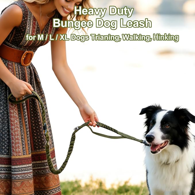 Dog Leash Heavy Duty, 4-6FT Bungee Leash Reflective Car Seat Belt for Dogs | Strong Shock Absorbing Tactical with 2 Padded Handles, Dog Tug Lead for L XL Dogs Walking Running Training | Olive Drab - Image 5