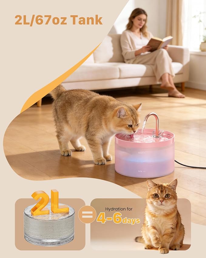 Cat Water Fountain Pink for Drinking: 67oz/2L Cat Fountain - GIOTOHUN Cute Pet Water Fountain for Cats Inside - Quiet Pet Fountain - Faucet Cat Drinking Fountain - Suitable for Kitty & Kitten - Image 3