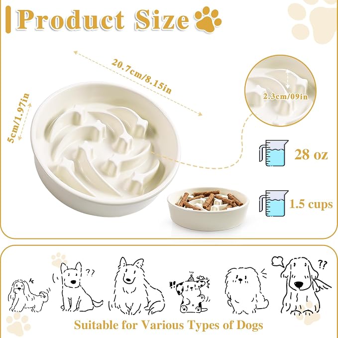 Ceramic Slow Feeder Dog Bowls,1.5 Cups Dog Food Dish for Medium&Large Breed | Puzzle Dog Food Bowl for Fast Eater, 28OZ, 8.15 inch(Beige) - Image 2