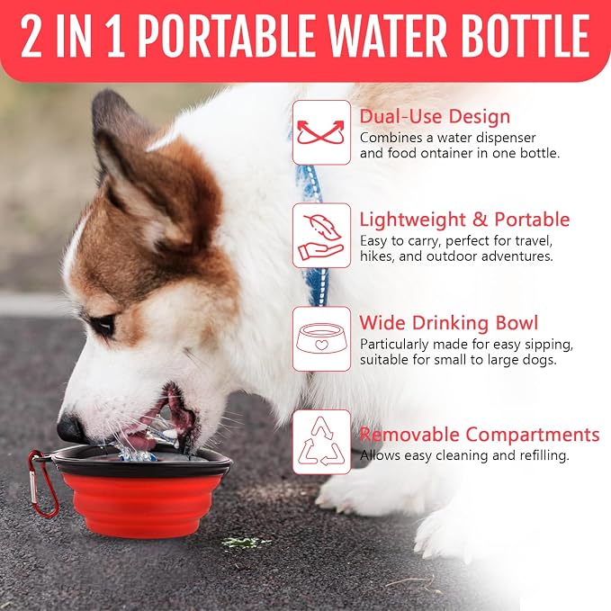 Dog Travel Water Bottle W/Collapsible Bowls - Portable 2 in 1 Leakproof Pet Water Bottle Food Container Ideal for Travel, Outdoor Portable Water Bowls for Walking, Camping & Hiking - (Red) - Image 8