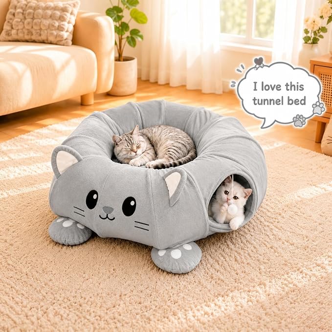 Cat Tunnel Bed with 21 Interactive Toys | Kitten Bed with Collapsible Tunnel for Indoor Cats, Cute Play Tube with Enrichment Toys (Grey, Kitten Pattern) - Image 6