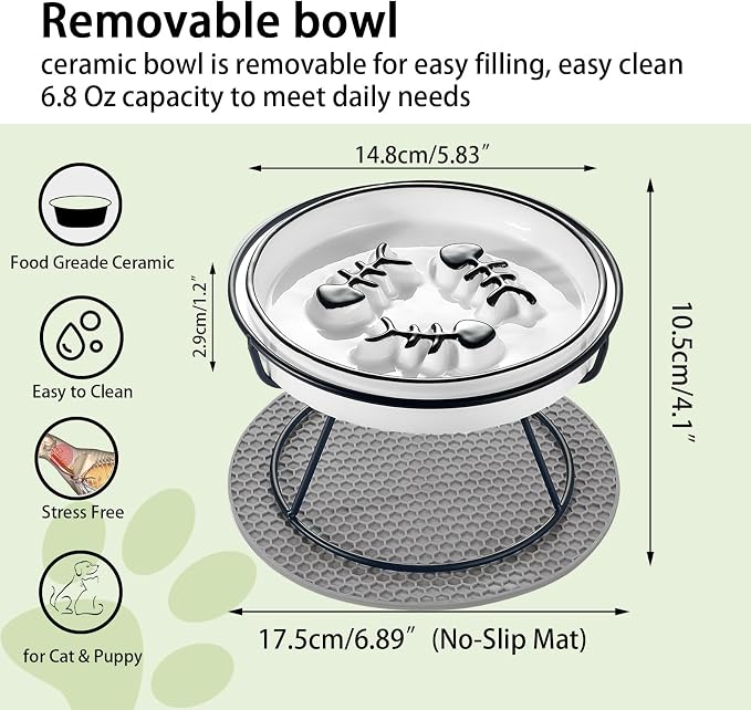 Ceramic Elevated Cat Bowls Set, Anti Vomit, Removable Dishes, Black 2-Pack | Removable Ceramic Bowls Elevated Anti Vomit Food & Water Feeding Black 2-Pack - Image 2