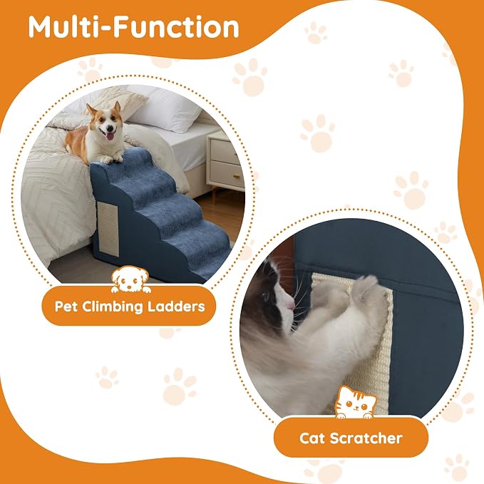 Dog Stairs for Small Dogs 19.7" H, Dog Ramp for Bed, 4-Step, Navy | Dog Steps for Bed, Couch, Pet Stairs with Non-Slip Bottom Design, Cat Scratching,High Density Foam Portable Pet Steps, Indoor - Image 5