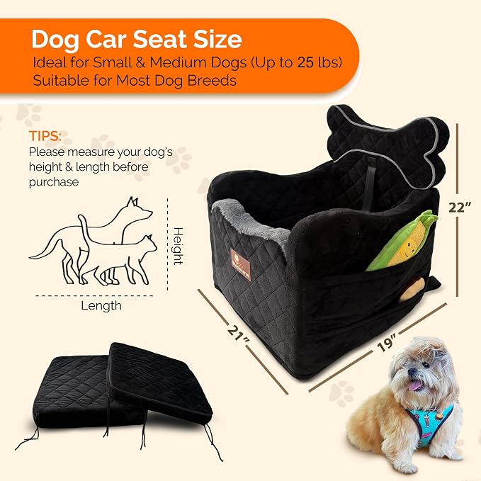 Yara’s Woofyverse Dog Car Booster Seat, Small & Medium Dogs, Midnight Ash | Fur-Lined Headrest, Adjustable Cushions, 6-Pocket Storage, Machine-Washable Cover, Portable Pet Car Seat Front/Back Travel - Image 5