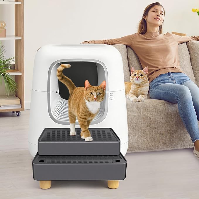 Extra Large 2 Steps Cat Litter Box Step Ramp, Cat Litter Catcher Mat with Wooden Feet, Filter Function, Cat's Pedal Stool for Self-Cleaning Litter, Suitable Kitten & Elderly Cats (Dark Grey) - Image 7