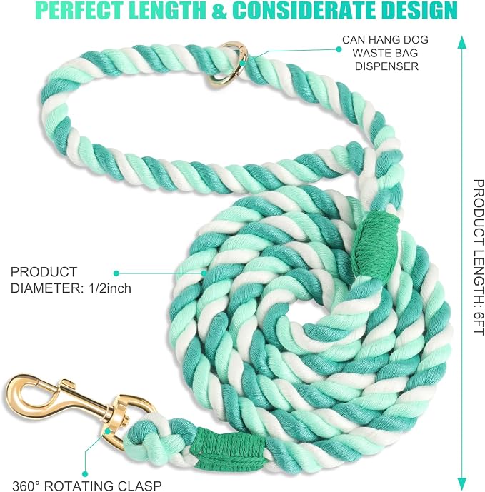 6 FT Handmade Rope Dog Leash for Small Medium and Large Dogs | Soft and Comfortable Grip, New Golden Heavy Duty Metal Clasp, Moss Green - Image 2
