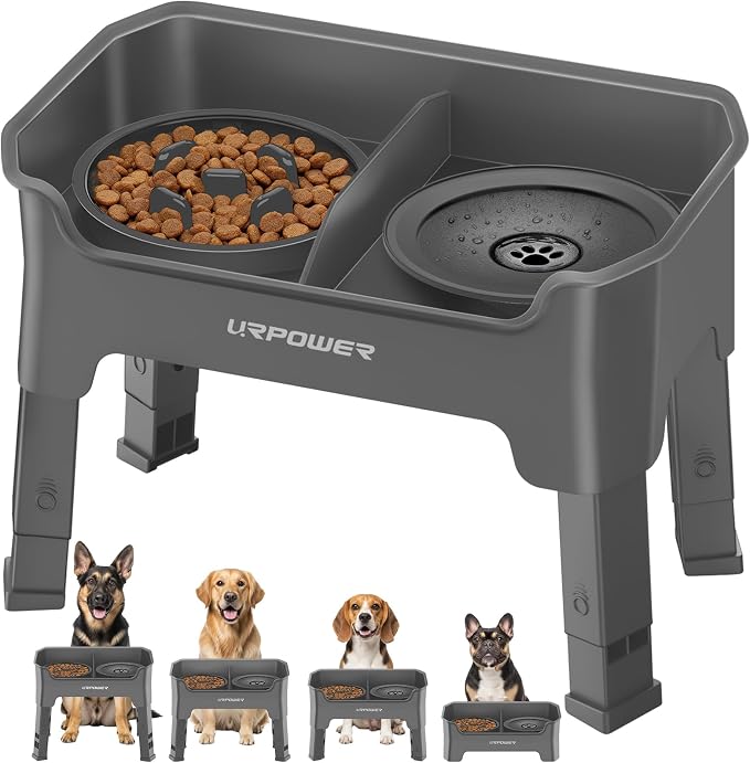 URPOWER Mess Proof Elevated Dog Bowls 4 Height Adjustable Raised Stand | No Spill Water Bowl, Slow Feeder Dog Bowls, Non-Slip Food and Water Bowl Set for Small, Medium & Large Dogs by URPOWER