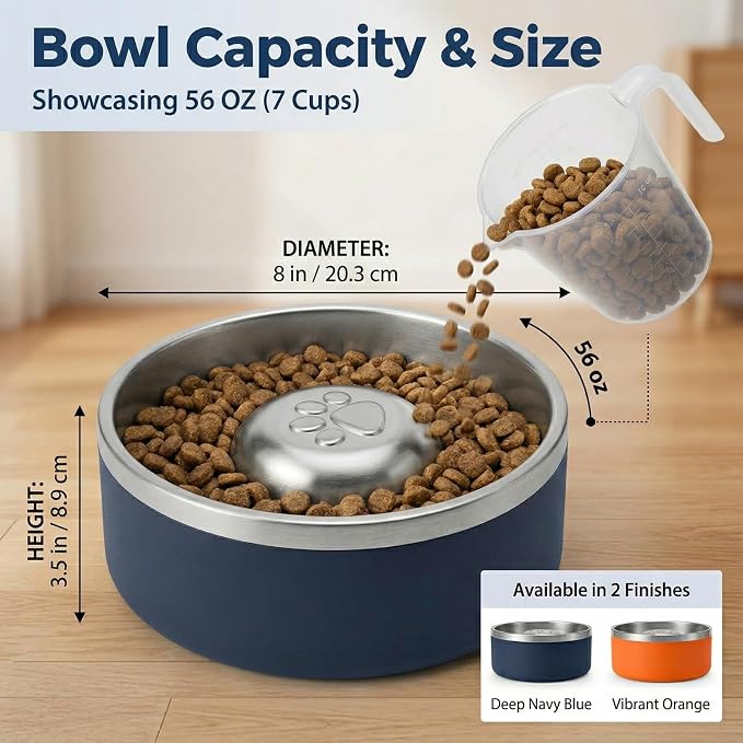 Stainless Steel Slow Feeder Dog Bowl, Heavy Duty Thickened Metal Dog Bowl, Non-Slip Base, Dishwasher Safe, Anti Gulping Feeding Bowl for Small to Medium Dogs & Cats, 56 oz, Dark Blue - Image 2
