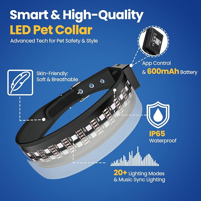 UNISE Customizable LED Dog Collar: RGB Color Changing Light Up Dog Collar | 20+ Lighting Modes, Adjustable Brightness for Night Safety, IP65 Waterproof, App Controlled, Fits Small Medium Large Dogs - Image 2