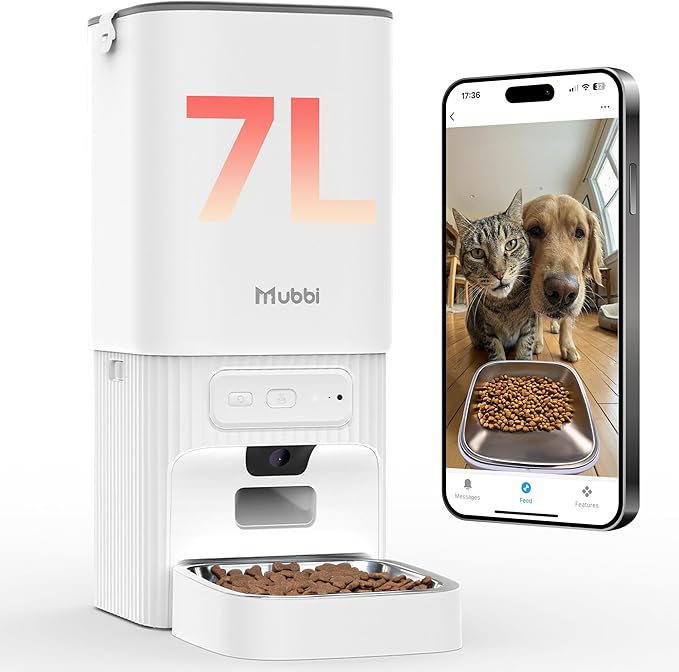 Automatic Cat Feeder with Camera - 5G WiFi Cat Food Dispenser with Night Vision, 7L Dog Feeder Automatic, 1-15 Meals, 1-99 Portions, 2-Way Audio, Jam Free, 10s Voice Recording, Timed Auto Pet Feeder by Mubbi
