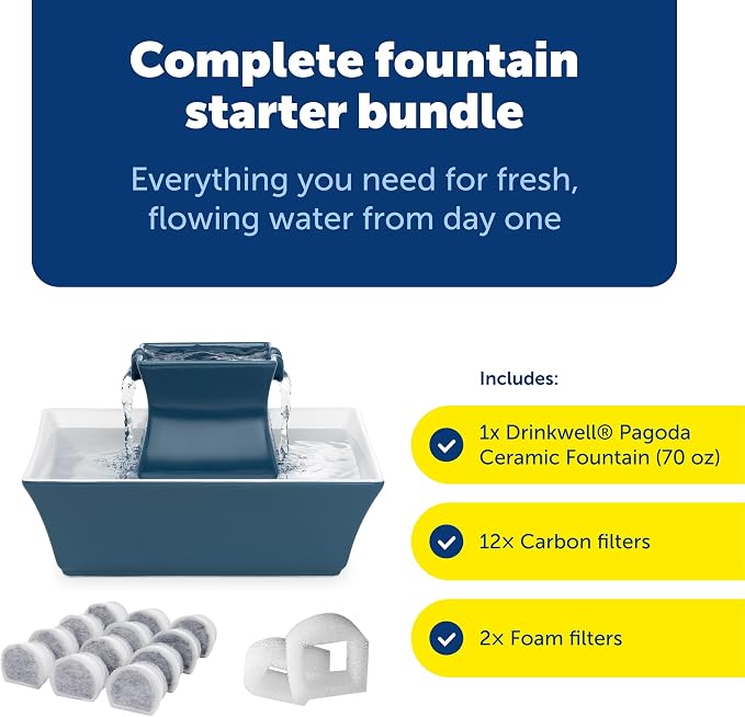 PetSafe Drinkwell Pagoda Ceramic Fountain, 70 oz, 2 Streams, Extra Filters | 2 Falling Water Streams Encourage Hydration, Cat & Small Dog Water Fountain, 4-Pack Carbon Filters and 2-Pack Foam Filters - Image 2