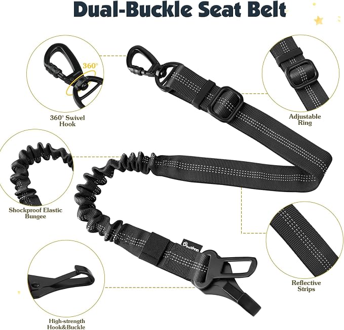 Pawaboo Dog Seat Belt Harness for Car, Seatbelt Harness with 2 in 1 Buckle | Adjustable Breathable Harness for Car, Elastic Reflective Heavy Duty Dog Tether, for Small Medium Large Pets, L, Black - Image 3