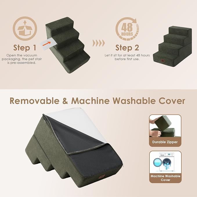 EHEYCIGA Dog Stairs for Bed 18" H, 4-Step Extra Wide Dog Steps for High Bed, Pet Steps for Small Dogs and Cats, Non-Slip Balanced Pet Ramp Indoor, Military Green - Image 5