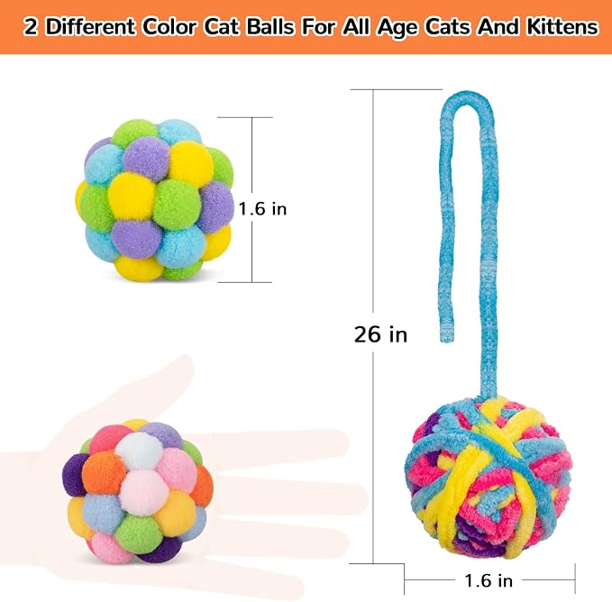 Retro Shaw Cat Toys Balls with Bells Inside, Kitten Toys Pack 6Pcs | Woolen Yarn Cat Balls, Soft Pompom Jingle Ball with String, Interactive Kitty Nip Toys for Indoor Cats - Image 5
