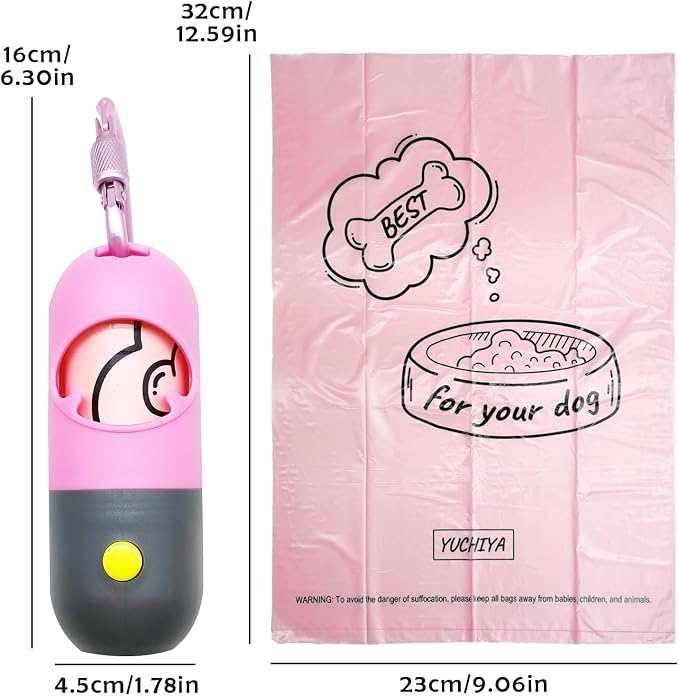 YUCHIYA Dog Poop Bag Holder Dispenser with LED Flashlight(Pink) | 100ft Ultra-Bright LED|Glow-in-the-Dark Avacado Clip|Metal Carabiner&Silicone Tether|15 Leak-Proof Scented Waste Bags - Image 6