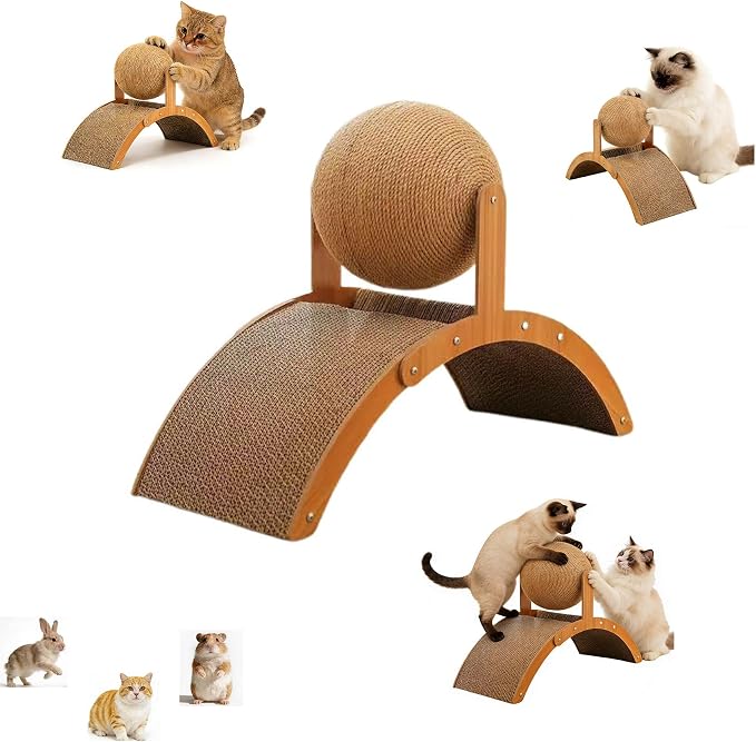 Cat Scratcher with Sisal Ball & Tunnel Toy, Dual-Surface Furniture Protector for Cats, Chinchillas, Hamsters, Rabbits - Stable Wide-Base Arch Design(Not for Large Cats) by Unknown