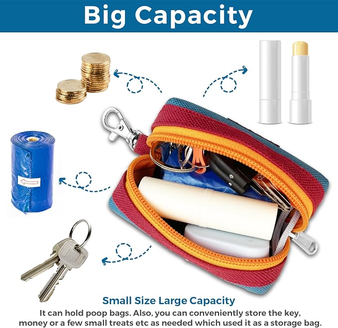 Dog Poop Bag Holder Zippered Pouch, Portable Dog Poop Bag Dispenser with 1 Metal Clip, Fashion Color Matching Canvas Waste Bag Holder for Leashes - 2pack - Image 3
