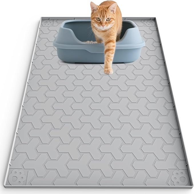 Silicone Cat Litter Mat for Litter Box - 34" X 22"/24" X 15" Waterproof Urine - Proof Mat, Non - Slip Trapping Pad to Keep Floor Clean, Easy to Clean Cat Floor Mat（Gray) by Unknown