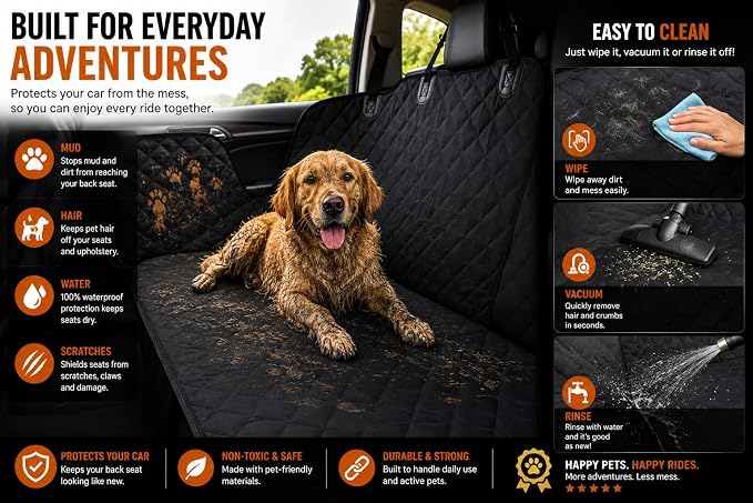 Back Seat Cover for Dogs, Dog Car Seat Cover, 100% Waterproof Dog Hammock with Side Flaps, Non-Slip Pet Seat Protector, Heavy Duty Oxford Fabric, Fits Cars, SUVs & Trucks - Image 7