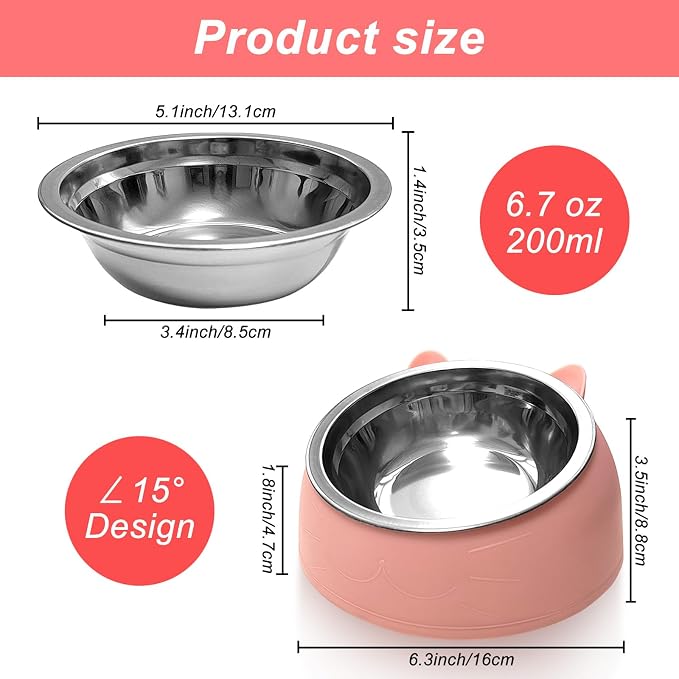 7 Pcs Raised Cat Food Bowl Stainless Steel Tilted Feeding for Little Cat Raised 15° Elevated Pet Dish for Kitten Puppy Anti-Slip Detachable Pet Stainless Steel Slope Base Food Bowl with 5 Food Scoop - Image 2