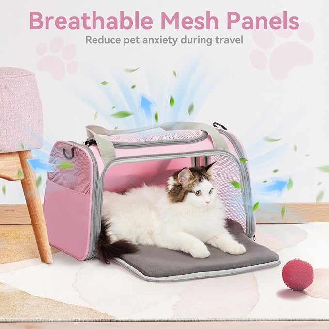 Petsfit Cat Carrier Airline Approved, 17.5×10.5×10.5 in, Pink | Escape-Proof Design with Locking Zippers & Safety Leash, Easy-Access 3-Way Entry, Washable Mat up to 12 lb - Image 5