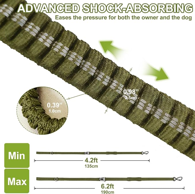 Dog Leash Heavy Duty, 4-6FT Bungee Leash Reflective Car Seat Belt for Dogs | Strong Shock Absorbing Tactical with 2 Padded Handles, Dog Tug Lead for L XL Dogs Walking Running Training | Olive Drab - Image 3