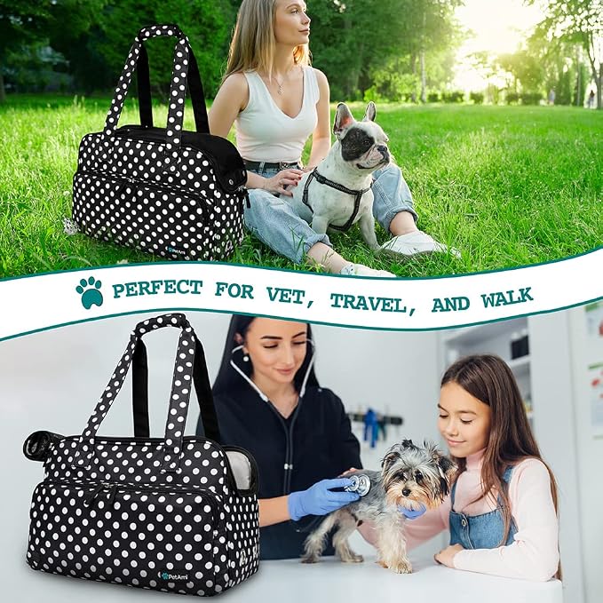 PetAmi Small Dog Purse Carrier, Soft-Sided Pet Carrier Bag with Pockets, Portable Puppy Cat Travel Handbag Tote, Airline Approved Breathable Mesh, Poop Bag Dispenser, Max 18 lbs, Polka Dot Black - Image 6
