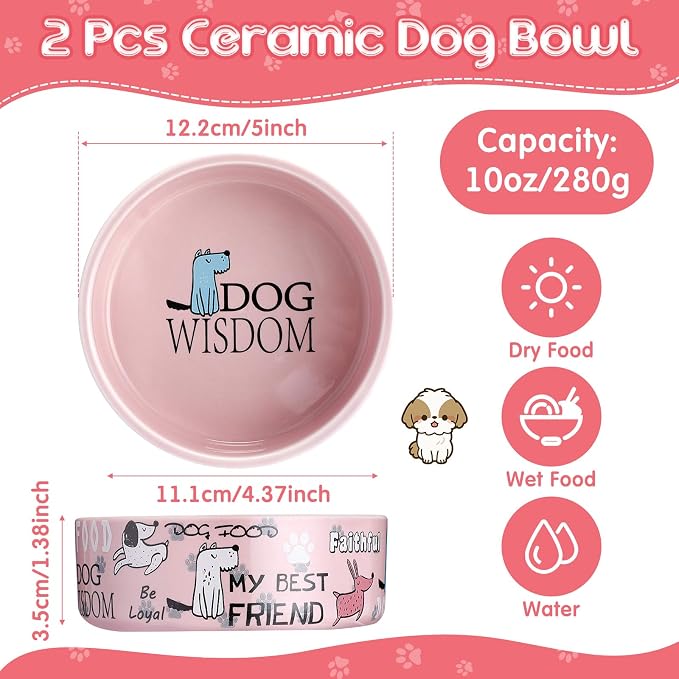 Maxcheck 2 Pcs 5 Inch Ceramic Dog Bowls Dishes for Small Dogs Cute Cartoon Pattern Puppy Cat Bowls Heavy Food Water Dishes for Pets Feeding Travel, Dishwasher Safe Microwave Safe(Pink) - Image 2