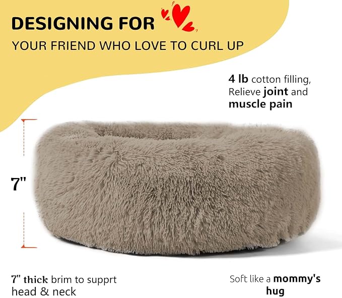 HACHIKITTY Calming Donut Cuddler Dog Bed, Round Fluffy Pet Bed with Sewn-in Cushion for Large Dogs,Washable, Taupe, XLarge 36'' - Image 2