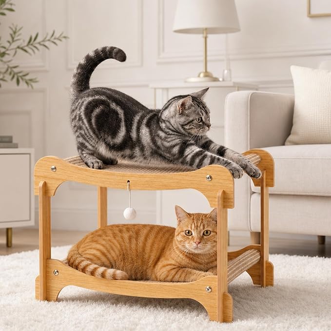 Two-Tier Sisal Cat Scratcher Bed, Solid Cats Scratching Post Hammock Lounge for Indoor Cats, Comfortable Cat Bed Natural Sisal Scratch Pad for Cats Scratcher Lounge, Sturdy Wooden Cat Furniture by Coppthinktu