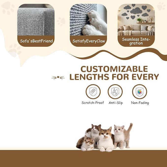 2 Pack 78Inch Grey Cat Scratch Mat for Couch, Trimmable Cat Carpet Self-Adhesive. Durable Cat Scratching Mat, Leather Couch Cat Scratch Protector and DIY Climb Furniture Protector from Cat Claws. - Image 6
