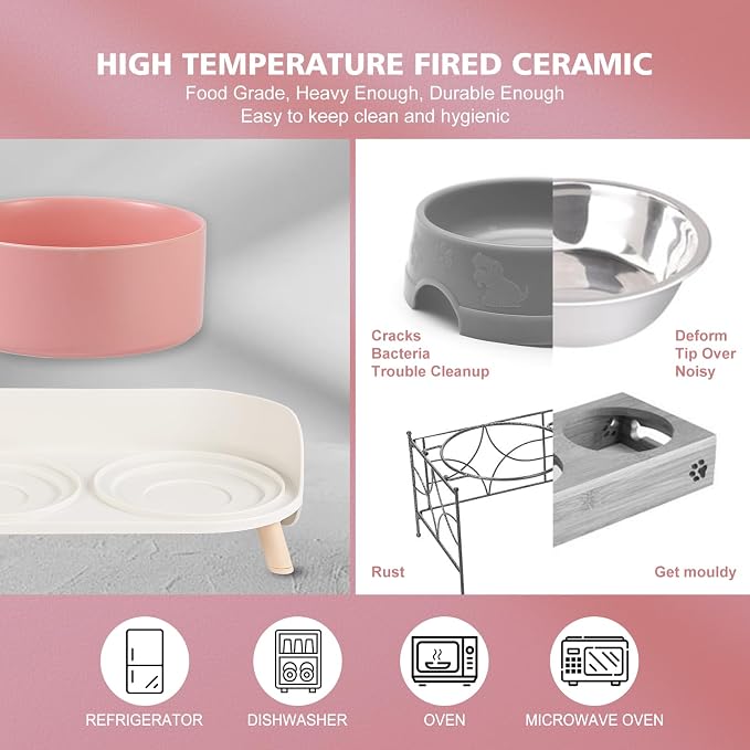 Elevated Ceramic Dog Bowl Set - Double Dog Feeding Bowls with Stand Splash Proof - Raised Dishes for Food and Water - Ideal for Small to Medium Dogs - 2 x 720 ml - 11.3 oz - Pink - Image 6