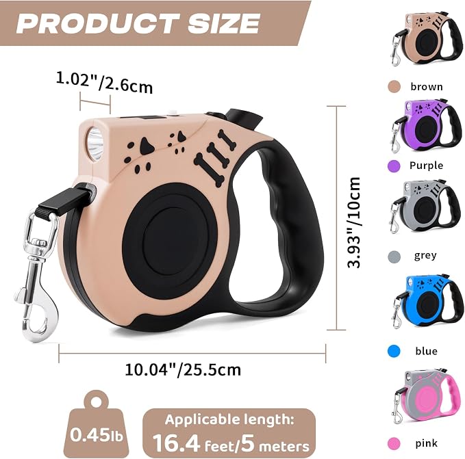 Retractable Dog Leash with USB Rechargeable Flashlight, Beige | 16FT Automatic Telescopic Tractor Dog Leash, Durable ABS Case and Comfort Grip, Designed for Small Medium Dogs Up to 30lbs - Image 3